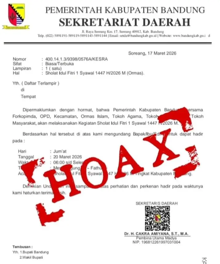 Pemkab Bandung Tegaskan Surat Undangan Salat Idul Fitri 1 Syawal 1447 H Hoaks, Kadiskominfo: Tidak Benar